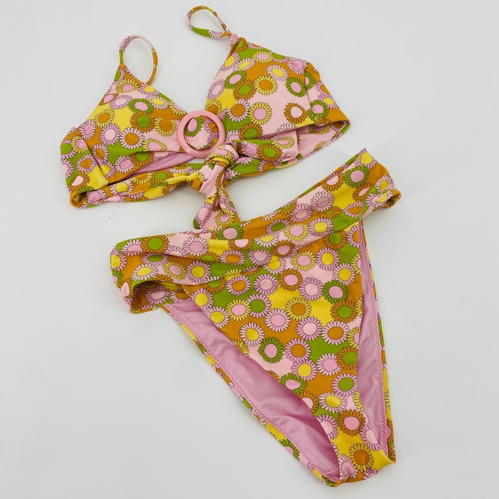 Show Me Your Mumu Bikini Set XS Pink Retro Floral High Waist Two Piece Swim